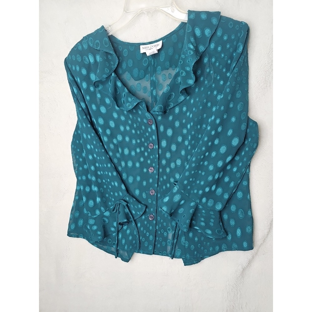 Vtg 80s/90s Miss Dorby Sheer 3/4 Sleeve Ruffle Blouse Womens Polka Dot Teal S 12
